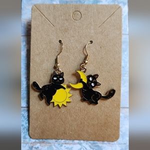 Halloween Black Cat Sun and Moon Earrings